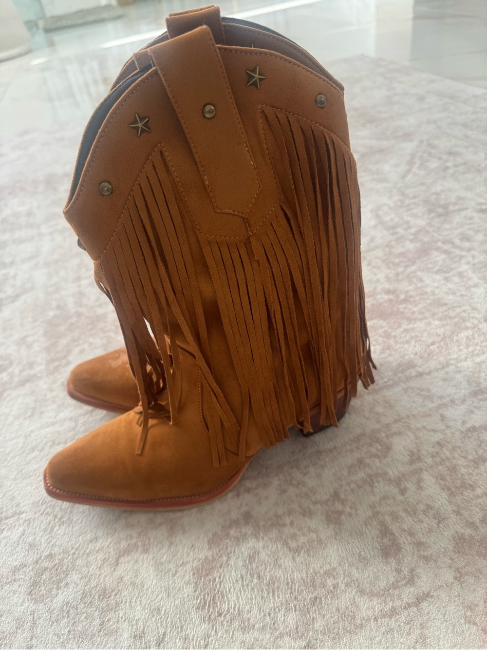 Fringe Western Mid‑Heel Boots - Tan Suede - Picture 5 of 6